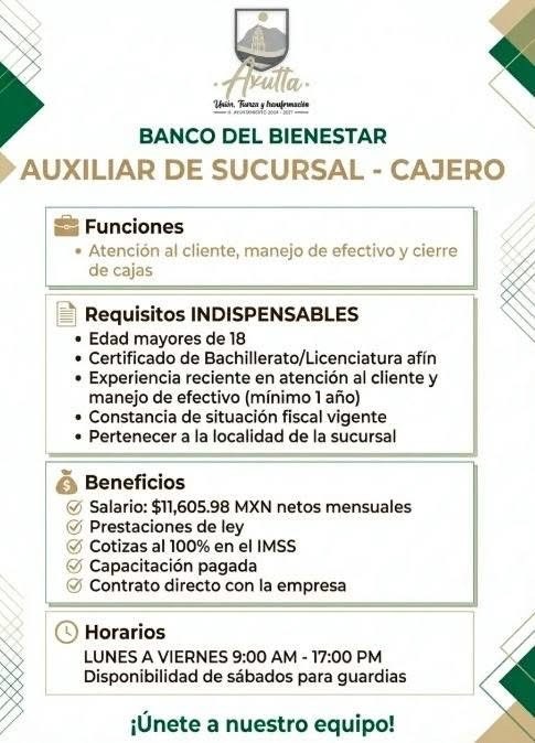 BANCO DEL BIENESTAR BUSCA "AUXILIAR DE SUCURSAL"